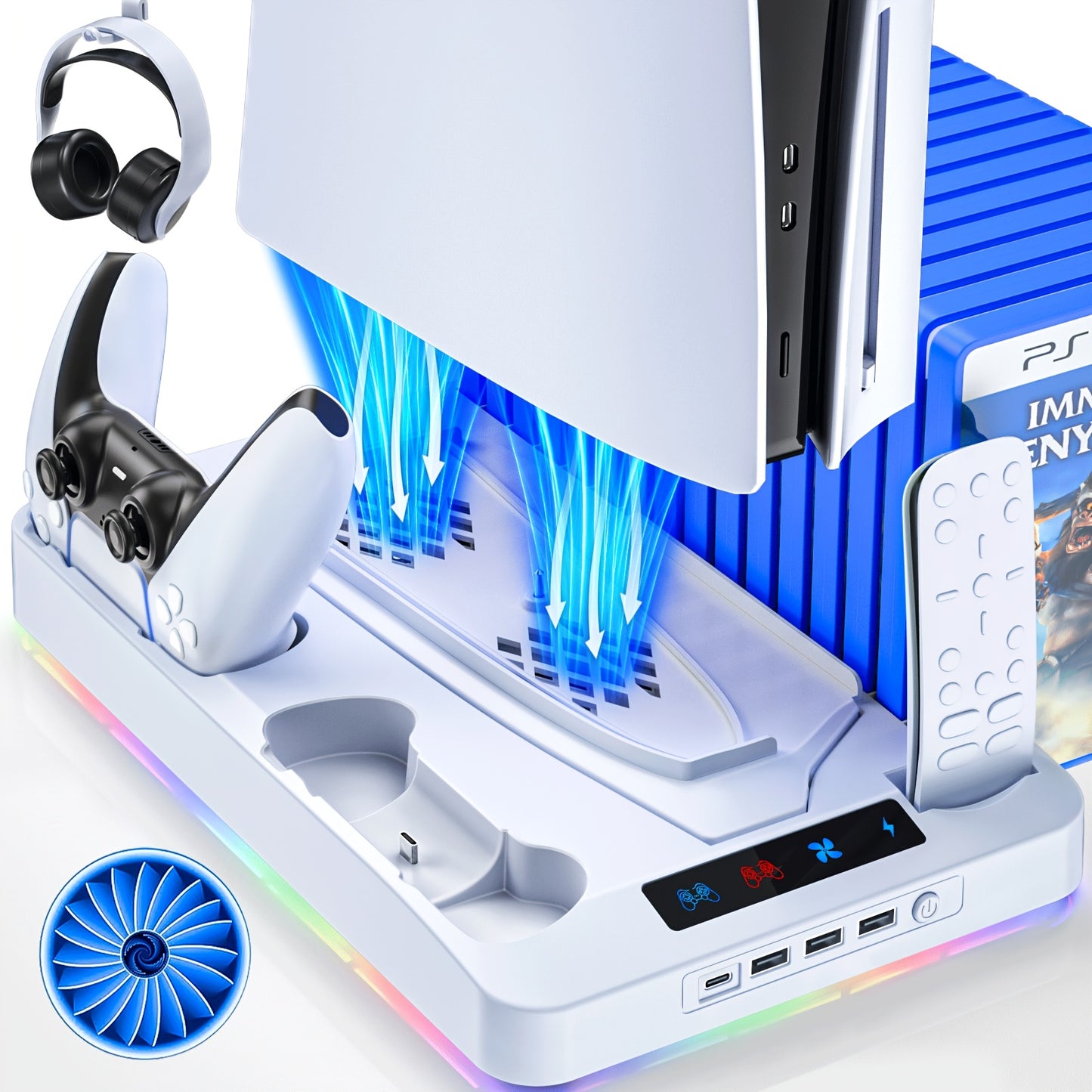 PS5 Cooling Stand with 16 Game Slots & LED Light, Dual Controller Charging Station with Headset & Remote Holders for PS5 & PS5 Slim (Disc & Digital) – Not Compatible with PS5 Pro