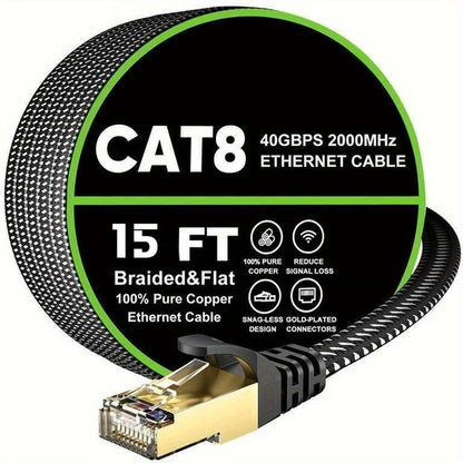 Cat 8 Ethernet Cable 100ft Flat Braided, 40Gbps 2000MHz High Speed Internet Cord, Gold Plated RJ45 SSTP Shielded Network LAN Cable for PS4 PS5 Gaming, Router, Modem, PC, Laptop, Xbox