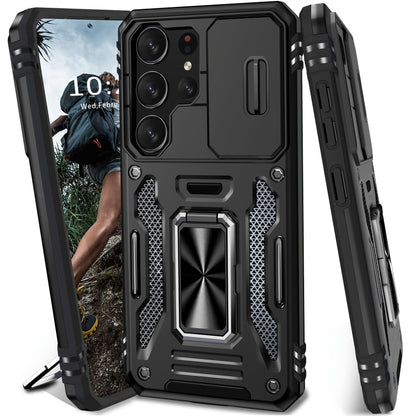 Samsung Galaxy Shockproof Magnetic Phone Case with 360° Rotating Ring Bracket & Sliding Lens Protector – Heavy Duty Cover for S24FE S23FE S22 S21FE Ultra A55 A54 A35 A34 A25 A24 A16 A15 A14 A06 A05 A05S 5G