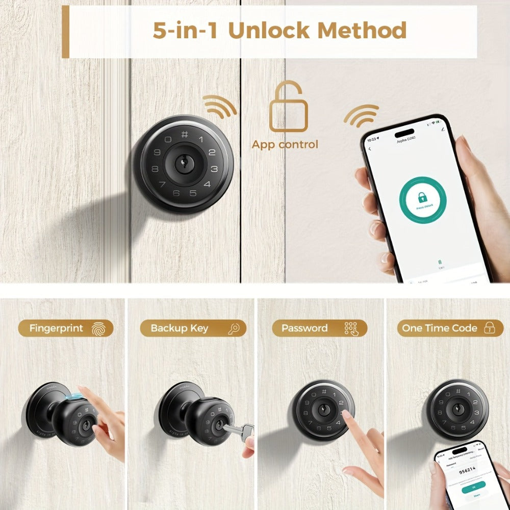 Arpha Smart Deadbolt Lock with Fingerprint Keypad & App Control - 4-in-1 Keyless Entry Door Lock, Auto-Lock, Passage & Privacy Mode, 50 Fingerprints & Codes, Zinc Alloy, Easy DIY Install