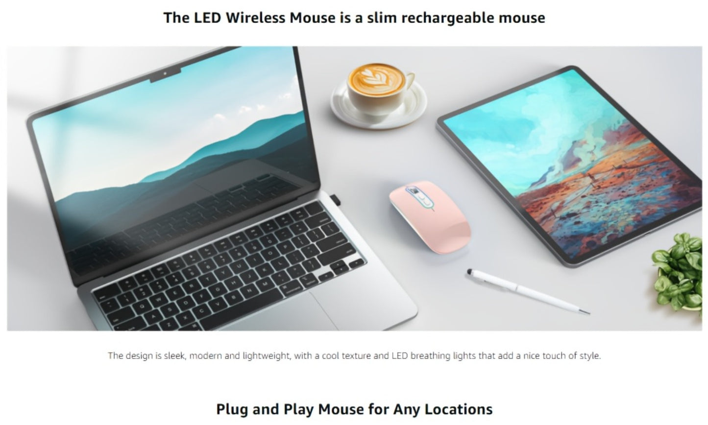 Slim Wireless Mouse Bluetooth 5.1 2.4G Dual Mode Silent Rechargeable LED Indicator Thin Quiet Computer Mouse iPad MacBook Mac Laptop PC Windows Chromebook Pink