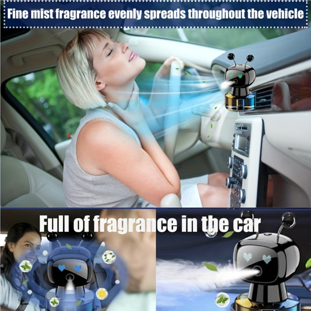Car Air Freshener Auto Spray Robot Design USB Rechargeable – AI Expression Display, 4-Level Fragrance Control, Vent Clip Diffuser | 4 Colors & Scents | Gift for Car Lovers Men Women