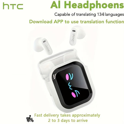 131 Language Real-Time Translation Wireless Headphones HTC NE20 TWS HiFi Sound Low Latency Gaming AI Noise Reduction LED Touch Screen Built-In Mic for Business Travel Office Study Gaming Birthday Gift