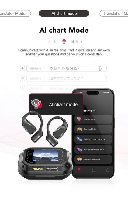 AI Translation Wireless Earbuds Real-Time 135 Languages Open-Ear Design Full-Color Touch Screen Gaming Headset Bluetooth for Travel Business Study iOS Android