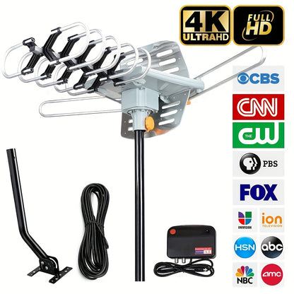 Amplified Outdoor TV Antenna 150 Mile Range – Motorized 360° Rotation, UHF VHF 4K 1080P, Wireless Remote, Supports 2 TVs, 33ft RG6 Coax Cable, Coaxial Grounding Block & Installation Rod Included