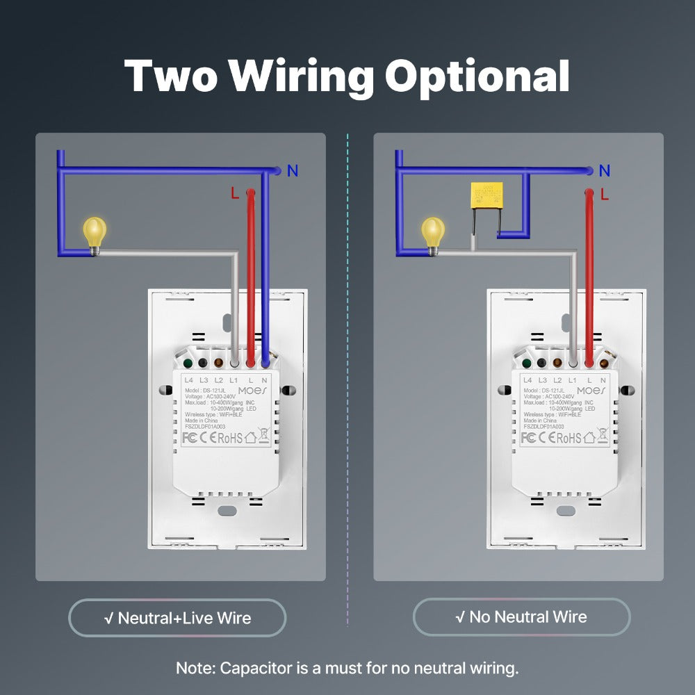Smart WiFi Touch Wall Switch No Neutral Wire Required – MOES 1/2/3 Gang Light Switch, Works with Alexa & Google Home, App & Voice Control, Timer, 2.4GHz, No Hub, Single Pole, 110V White