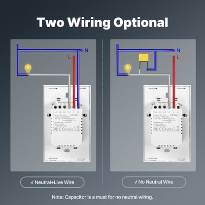 Smart WiFi Touch Wall Switch No Neutral Wire Required – MOES 1/2/3 Gang Light Switch, Works with Alexa & Google Home, App & Voice Control, Timer, 2.4GHz, No Hub, Single Pole, 110V White