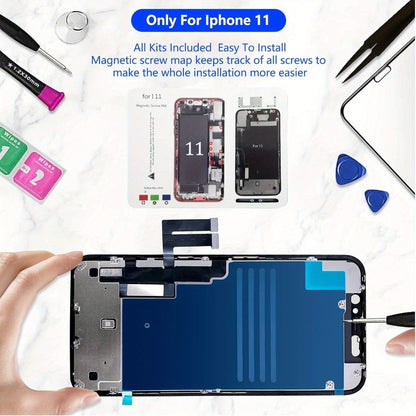 iPhone 11 Screen Replacement Kit LCD Touch Digitizer Assembly 6.1 Inch – DIY Repair Set with Tools Magnetic Screw Mat Tempered Glass Frame Adhesive, Black Display A2111 A2221 A2223 Face ID Compatible