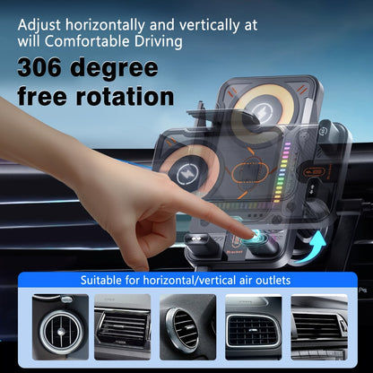 Car Wireless Charger 15W Auto-Align Smart Sensor FOD Detection Auto-Sensing Infrared Clamp 4mm Case Friendly Rotating Air Vent Mount for iPhone 17 16 15 14 Pro Max, Samsung Galaxy S24 S23 & All Qi Devices – Wired Backup Included
