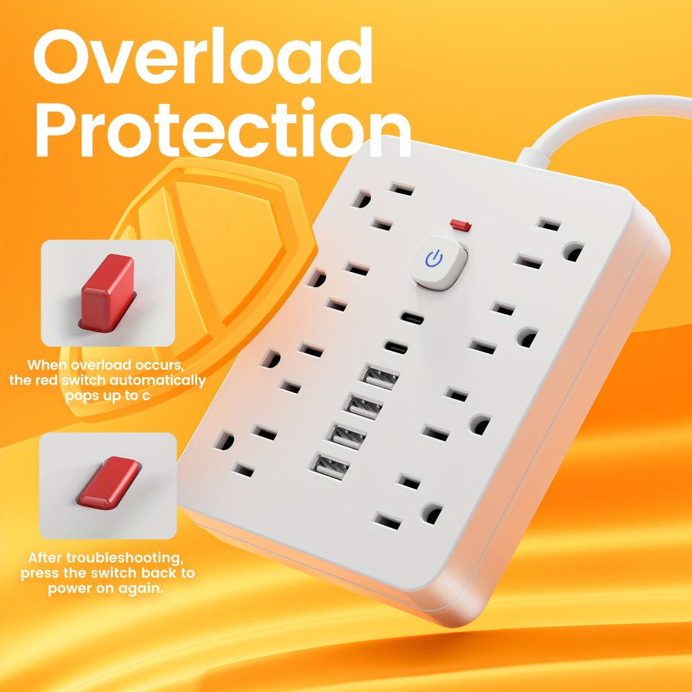 14-in-1 Wall-Mountable Power Strip with Surge Protector – 8 AC Outlets & 6 USB Ports (2 USB-C), Flat Plug Space-Saving Extension Cord, Overload Protection for Home School Office, 5ft or 10ft