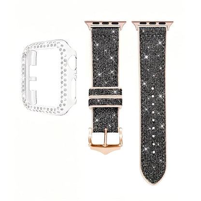 Apple Watch Band with Case Crystal Rhinestone Bling, Chameleon Color-Shift Strap + Shockproof Hard PC Cover, Compatible with Apple Watch Series 1-9 SE Ultra 38mm to 49mm S10 – Rose Gold Black Silver Women