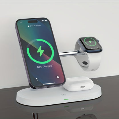 Wireless Charging Station 3-in-1 QC3.0 Adapter Included Magnetic Fast Charger Stand for iPhone 15 14 13 12 11 Pro Max Mini XR XS X SE 8, Apple Watch Series 1-9 Ultra, AirPods 4 3 2 Pro – White Black