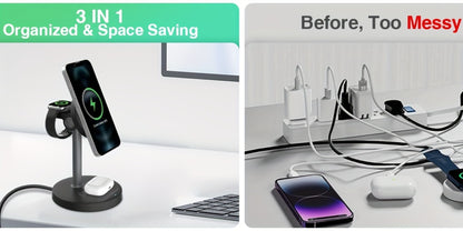 3-in-1 Wireless Charging Station 6 Colors Fast Qi Charger for iPhone 17/16/15/14/13/12, Apple Watch Ultra/Series 11/10/9/SE & AirPods 4/3/2 Pro – Anti-Slip Foreign Object Detection | Pink White Black Purple Green Blue