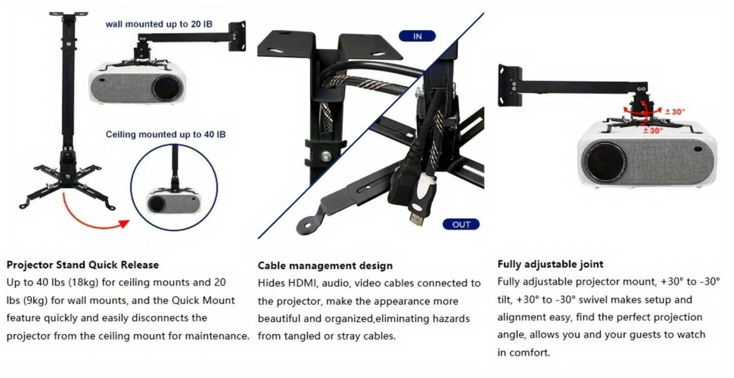 Ceiling Mounted Projector Bracket Adjustable Angle Height & Extendable Arm, 40LB Load Capacity, Universal LCD DLP Projector Mount Hanger for Home Theater Office Classroom