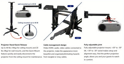 Ceiling Mounted Projector Bracket Adjustable Angle Height & Extendable Arm, 40LB Load Capacity, Universal LCD DLP Projector Mount Hanger for Home Theater Office Classroom