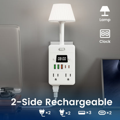 11-in-1 Multifunctional Power Strip with Desk Lamp & Digital Clock – 4 AC Outlets, 3 USB-A & 2 USB-C, Wall-Mountable Desktop Charging Station with Overload Protection for Home School Office