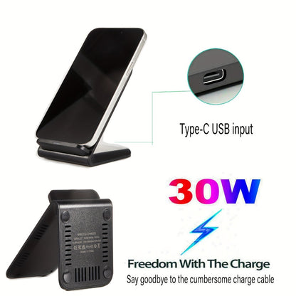30W Ultra-Fast Wireless Charger Stand Dual Coil Smart Auto-Adjust 5W-30W for iPhone 17 16 15 14 13 12 11 Pro Max, Samsung Galaxy S24 S23 S22 S21 S20 S10, Google Pixel, Huawei, Xiaomi & All Qi Android – USB-C Black