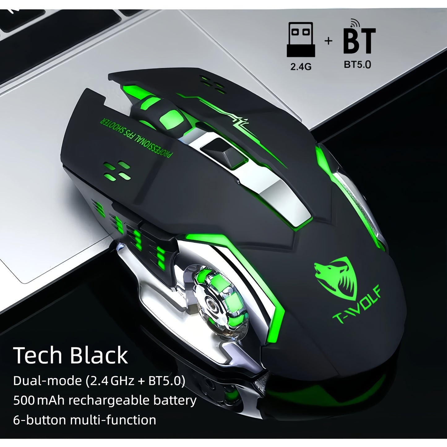 Bluetooth 5.0 2.4G Dual Mode Wireless RGB Gaming Mouse Silent 6 Button Ergonomic USB-C Rechargeable Breathing Light for PC Laptop Mac Tablet Office Gaming Tech Black Star Black White Gray