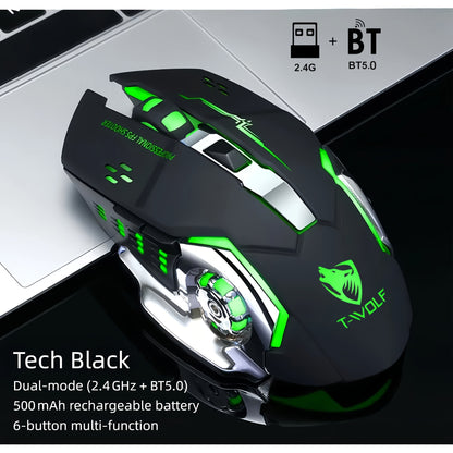 Bluetooth 5.0 2.4G Dual Mode Wireless RGB Gaming Mouse Silent 6 Button Ergonomic USB-C Rechargeable Breathing Light for PC Laptop Mac Tablet Office Gaming Tech Black Star Black White Gray