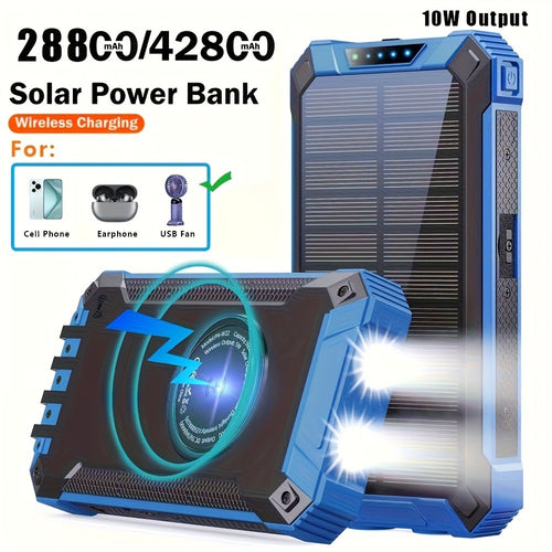 42800mAh Solar Power Bank Wireless Charging with 4 Built-In Cables – 6 Output Ports 15W Fast Charge Dual LED Flashlight Portable Battery Pack for iPhone Samsung Android Camping Travel Emergency