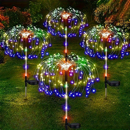 Solar Firework Stake Lights Outdoor 2 Pack - Touch Control Dimmable Starburst Ground Lights Warm White & Colorful 120 to 840 LEDs for Garden Pathway Lawn Party Wedding Christmas Halloween Decoration