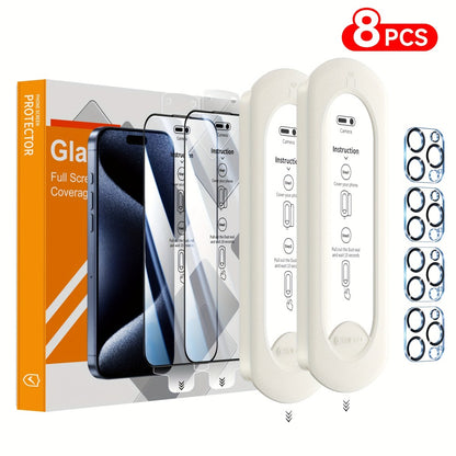 9H Tempered Glass Screen Protector for iPhone 8-Pack with Alignment Tool – 4 Screen + 4 Camera Lens, HD Clear, Bubble-Free, Case Compatible, iPhone 16 Pro Max / 15 / 14 / 13 / 12 / 11 Series