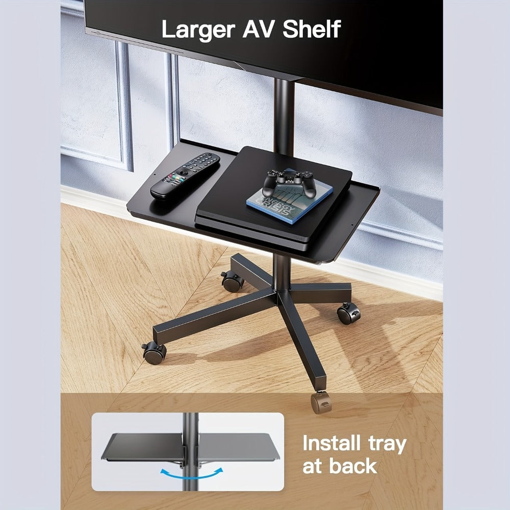 Rolling TV Cart Stand for 23-60 Inch TVs – Height Adjustable 12-24", Lockable Wheels, Media Shelf, Cable Management, 55 lbs Capacity, VESA 100-400mm, Home Office & Commercial Use, Black