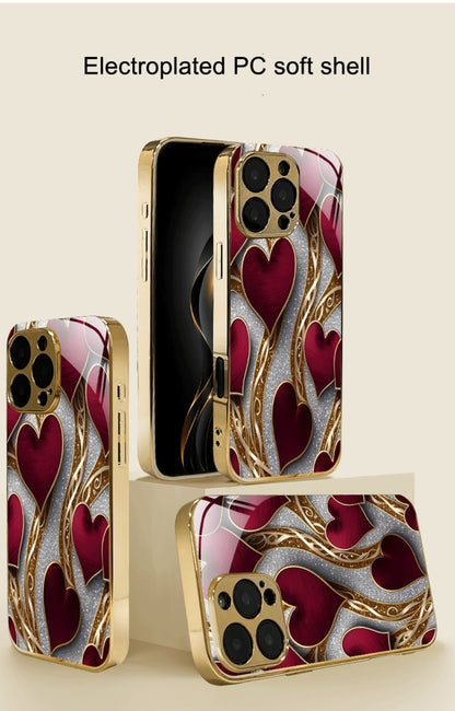 Golden Heart Phone Case Luxury Aesthetic Slim Fit iPhone 17 16 15 14 13 12 11 Pro Max Plus XS XR Samsung Galaxy S25 S24 S23 S22 A-Series Cute Girly Gift Cover Red Gold Design