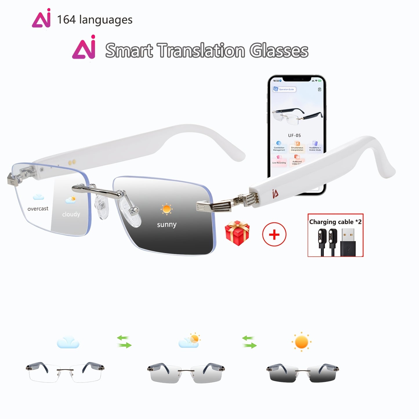 ChatGPT AI Translation Glasses with 160-Language Real-Time Translation, Photochromic Lenses, HiFi Audio & HD Calls – 19 Frame Styles, Unisex Smart Eyewear for Travel & Business