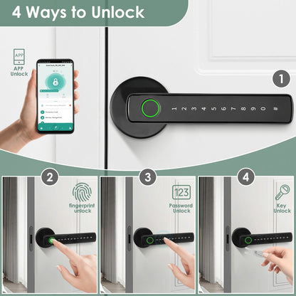 Aluminum Alloy Smart Door Handle Lock 4-in-1 with Fingerprint, Password, App & Key, Left & Right Hand Compatible, Heavy-Duty Keyless Entry Electronic Handle for Apartment Hotel Bedroom Interior Door