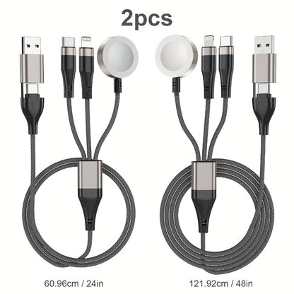 Multi Charging Cable 3-in-2 Fast Charging Set of 2, Compatible with Apple Watch Ultra Series 10 9 8 7 6 SE iPhone 16 15 14 13 12 Samsung Galaxy, USB-C & USB-A, 2FT + 4FT Portable Cord Combo