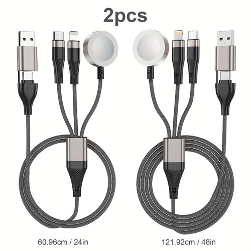 Multi Charging Cable 3-in-2 Fast Charging Set of 2, Compatible with Apple Watch Ultra Series 10 9 8 7 6 SE iPhone 16 15 14 13 12 Samsung Galaxy, USB-C & USB-A, 2FT + 4FT Portable Cord Combo