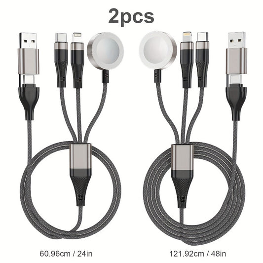 Multi Charging Cable 3-in-2 Fast Charging Set of 2, Compatible with Apple Watch Ultra Series 10 9 8 7 6 SE iPhone 16 15 14 13 12 Samsung Galaxy, USB-C & USB-A, 2FT + 4FT Portable Cord Combo