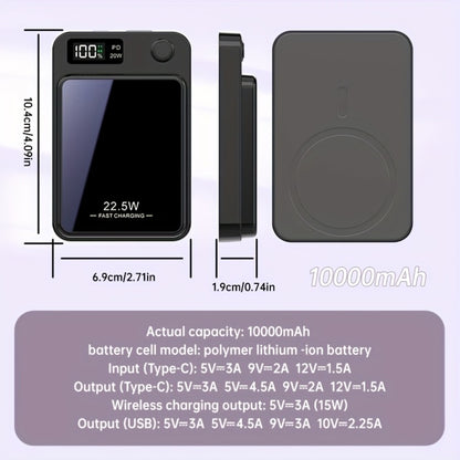 Magnetic Wireless Power Bank 10000mAh MagSafe Compatible 22.5W USB-C Fast Charging with LED Display – Portable Snap-On Battery Pack for iPhone 16 15 14 13 12 Series & Android Smartphones