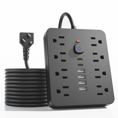 14-in-1 Wall-Mountable Power Strip with Surge Protector – 8 AC Outlets & 6 USB Ports (2 USB-C), Flat Plug Space-Saving Extension Cord, Overload Protection for Home School Office, 5ft or 10ft
