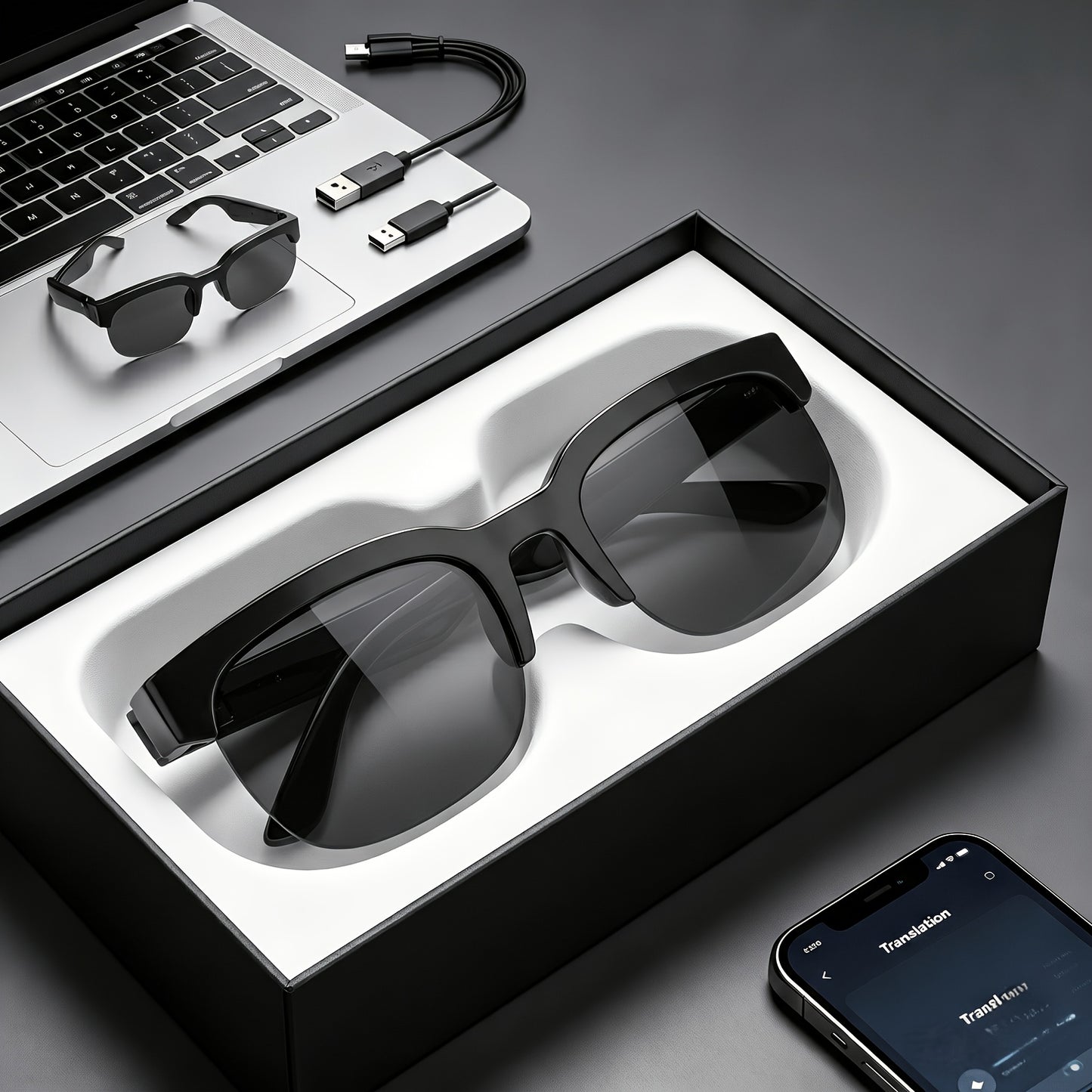 Real-Time Translation Glasses with AI Meeting Summarization – 160 Languages, Wearable AI Translator for Business Travel, Conferences & Daily Use, Lightweight Unisex Smart Eyewear for Men & Women
