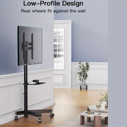 Rolling TV Cart Stand for 23-60 Inch TVs – Height Adjustable 12-24", Lockable Wheels, Media Shelf, Cable Management, 55 lbs Capacity, VESA 100-400mm, Home Office & Commercial Use, Black