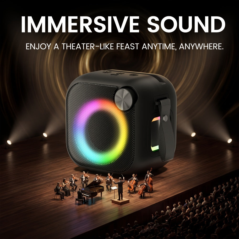 4-in-1 Wireless Portable Bluetooth Speaker with RGB Lighting, HD Sound, Built-in Sling, USB TF Card AUX FM, Type-C Rechargeable, Outdoor Speaker for Cycling Camping Sports Hiking