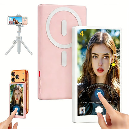 Wireless Selfie Monitor Screen for iPhone Android – 2500mAh Battery, Remote Control, 3-Level Brightness & Wide Screen Mode, Use Phone Rear Camera for Selfie Vlog No-Delay Live Streaming TikTok YouTube