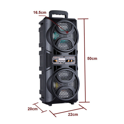 Portable Karaoke Bluetooth Speaker with Wheels & Microphone – Party DJ Sound System Dual 6.5" Woofer LED Lights FM AUX TF USB TWS Rechargeable Outdoor Speaker
