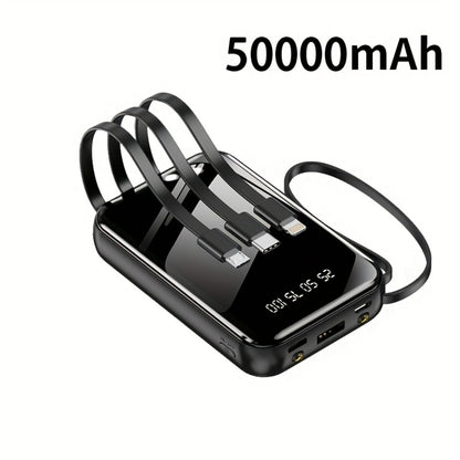 3-in-1 Built-in Cables Power Bank 50000mAh Portable Charger with Smart Digital Display Flashlight Apple Lightning Type-C USB Safe Lithium Battery Pack Outdoor Emergency Travel Gift