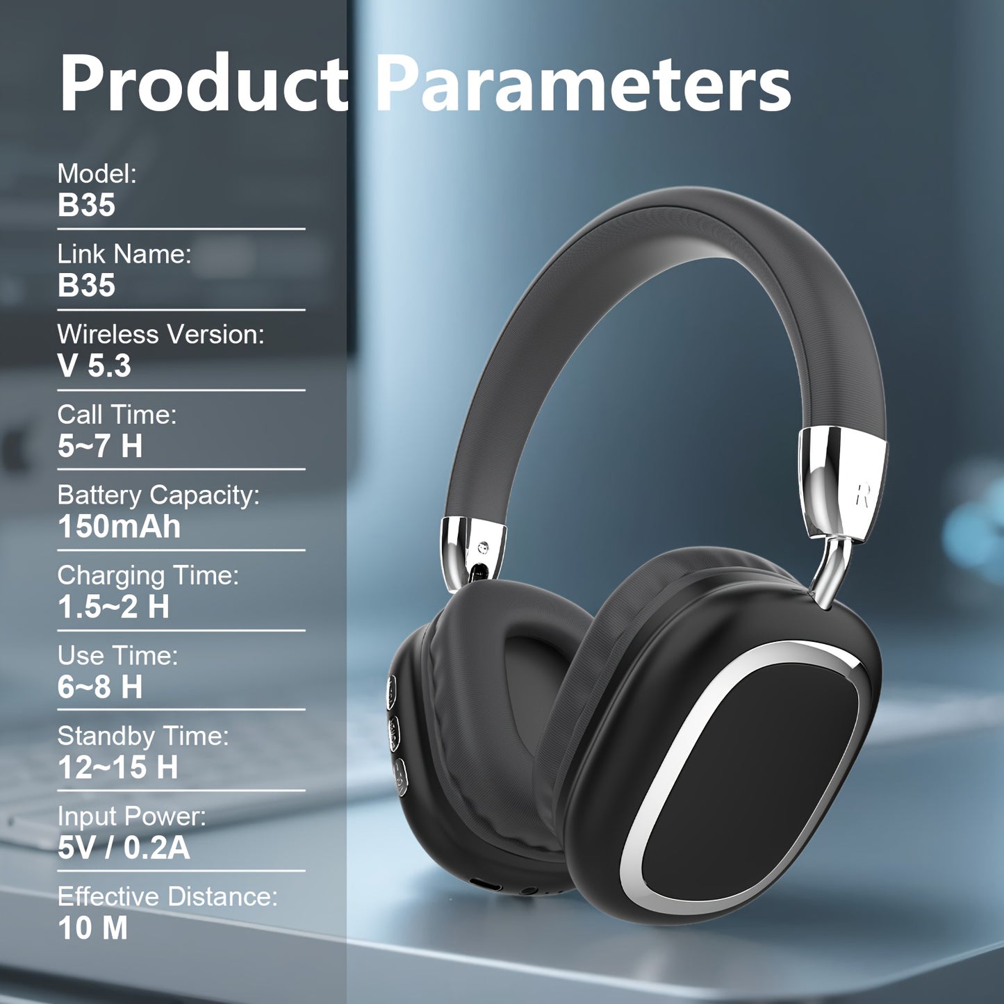 Noise Canceling Wireless Over-Ear Headphones Bluetooth 5.3 Metal 90° Rotating Earpads 6-8Hr Playtime for Music Gaming Commuting iOS Android Windows Compatible