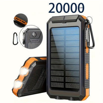 20000mAh Solar Power Bank with Built-In Flashlight & Compass – Dual USB Portable Charger for Camping Hiking Emergency Survival Outdoor Use, Compatible with All Mobile Devices, iPhone Android Samsung