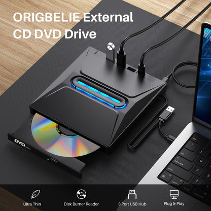 8-in-1 Luminous External CD DVD Drive USB 3.0 & Type-C - Portable CD/DVD±RW Burner Player Hub with 3 USB Ports, TF/SD Card Reader, Compatible with Laptop Desktop PC Windows Linux