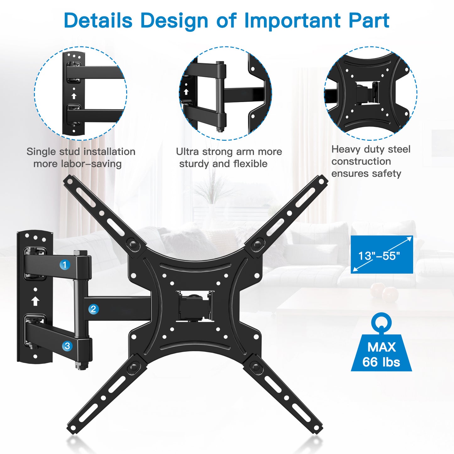 Heavy Duty TV Wall Mount 26-60 Inch Full Motion – Stainless Steel Swivel Tilt Extension Arm, VESA 400x400mm, Holds 77 lbs, Universal Fit for Samsung LG Sony TCL Vizio Hisense, Black
