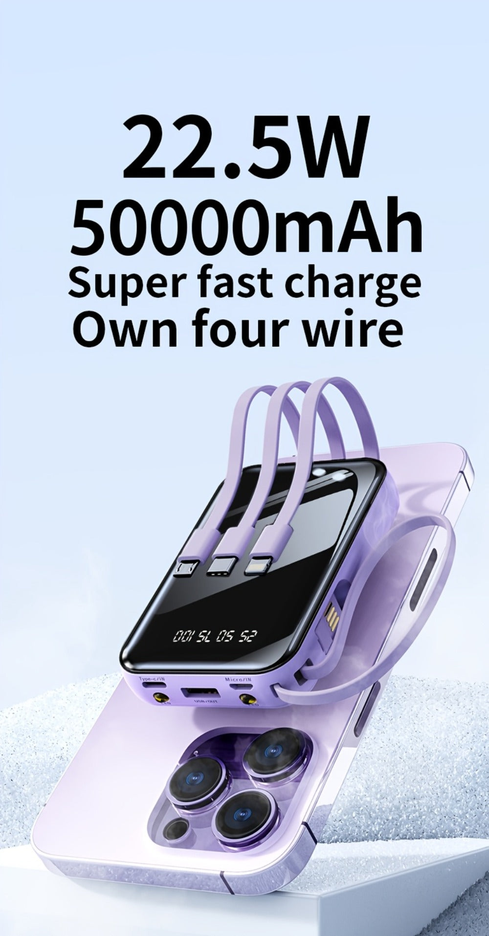 Built-in Cables Flashlight 50000mAh Power Bank Portable Charger, Fast Charging LED Display Emergency Battery Pack for iPhone Android Outdoor Travel Camping Hiking – Black Purple Available