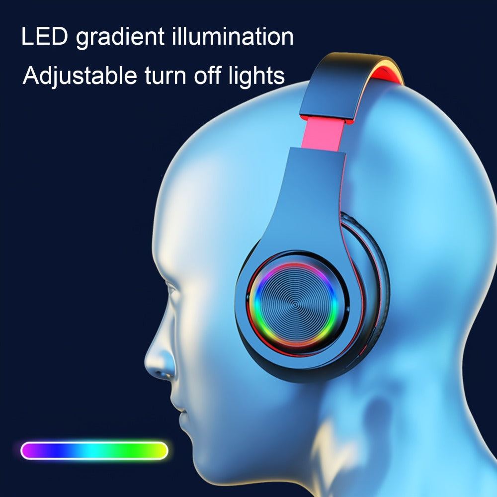 LED Light Over-Ear Wireless Headphones Deep Bass Subwoofer, Active Noise Cancelling Foldable Headset Bluetooth 5.3, Wired & Wireless Dual Mode AUX, USB Rechargeable for Gaming Music Sports
