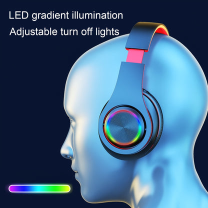 LED Light Over-Ear Wireless Headphones Deep Bass Subwoofer, Active Noise Cancelling Foldable Headset Bluetooth 5.3, Wired & Wireless Dual Mode AUX, USB Rechargeable for Gaming Music Sports
