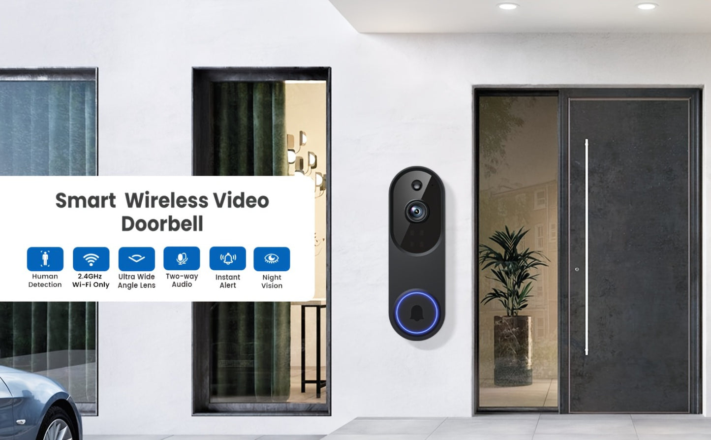 166° Wide Angle Video Doorbell 720P 2.4G 5G Dual-Band WiFi – Color Night Vision, AI Vehicle & Person Detection, Two-Way Voice, No Wiring, Real-Time App View, Single or 2-Pack, Black