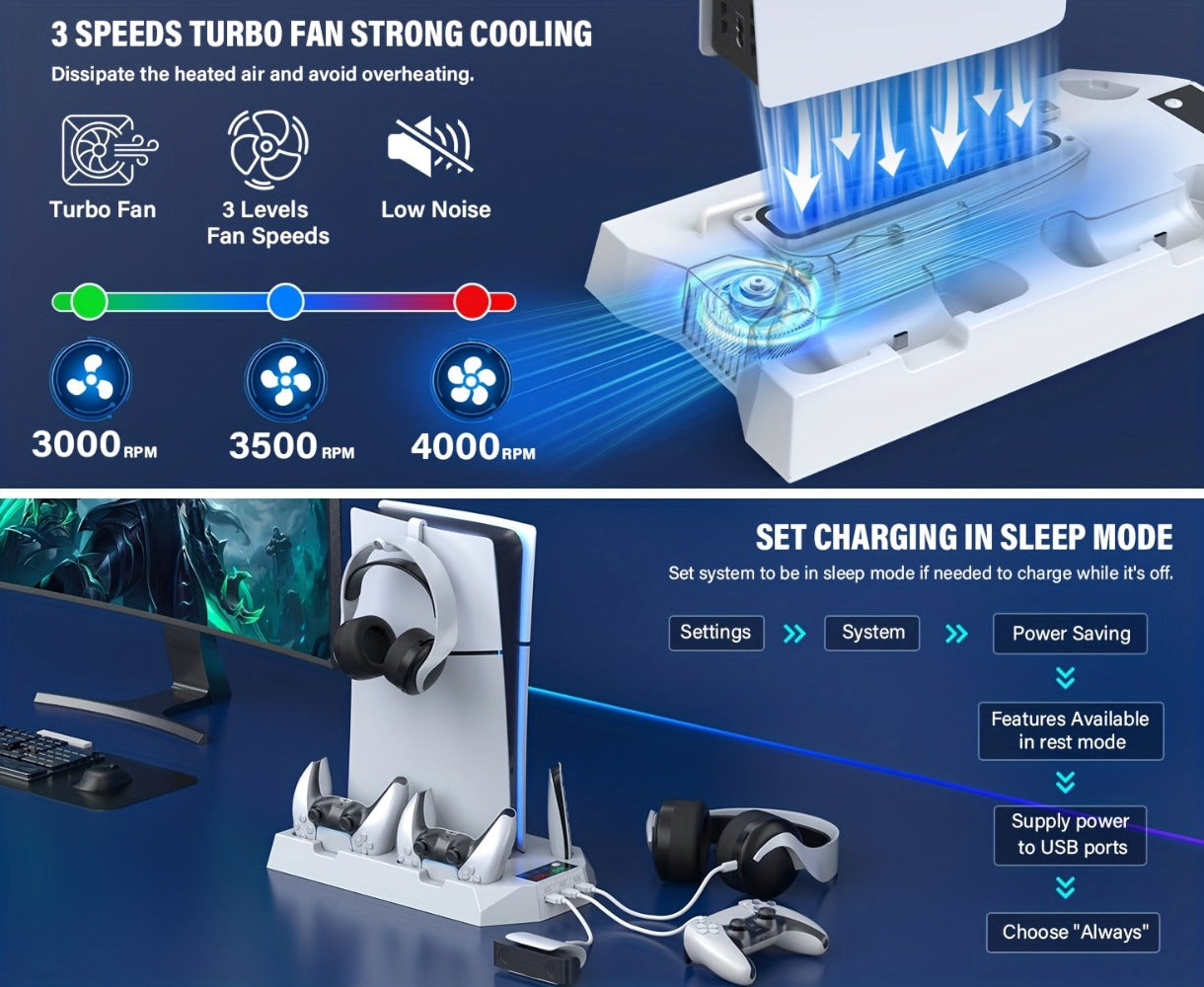 PS5 Cooling Charging Station 5-in-1 with Turbo Fan, Dual Controller Charger, 3-Port USB Hub & Headset Holder – Compatible with PlayStation 5 Slim Pro Standard Disc Digital Edition, 19-Inch USB Cable, Christmas Gift